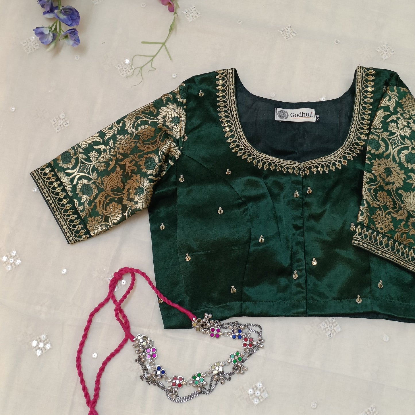 Buy Bottle Green Silk Brocade Sleeves Aari Work Blouse | Godhuli