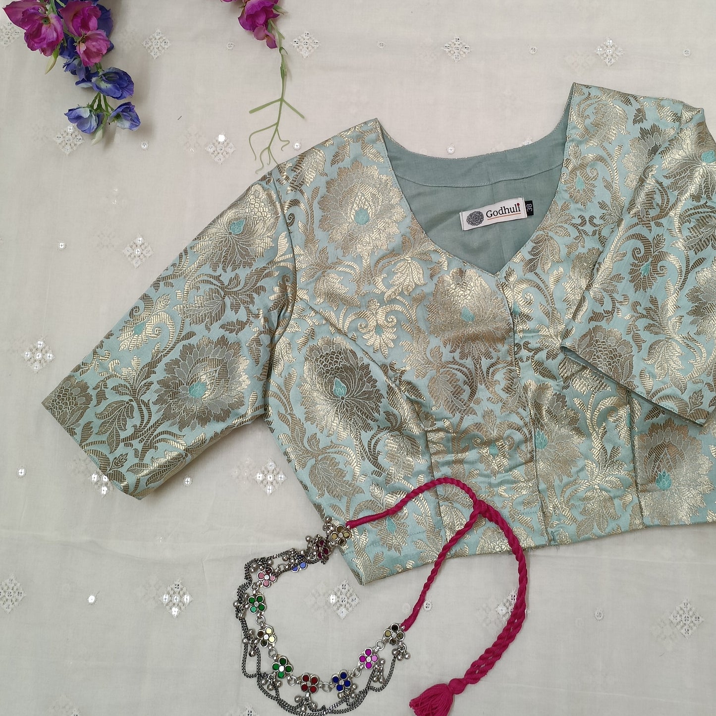 Buy Powder Blue Jaal Banarasi Brocade Blouse | Godhuli