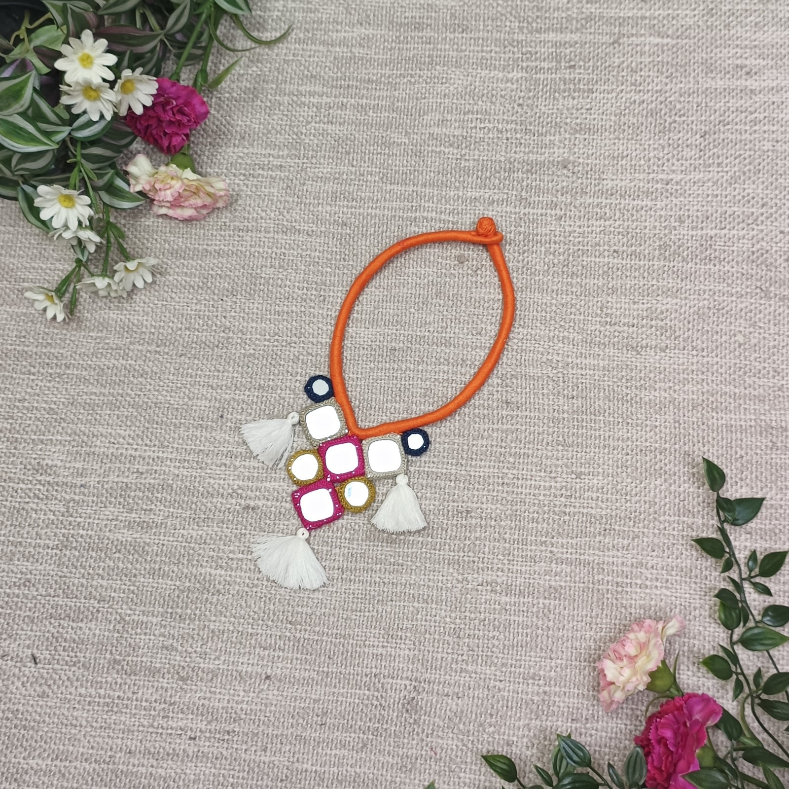 Handcrafted Mirrorwork Orange Dori Neckpiece
