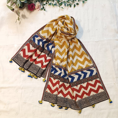 Buy Ochre Yellow Chevron Print Patchwork Dupatta | Godhuli