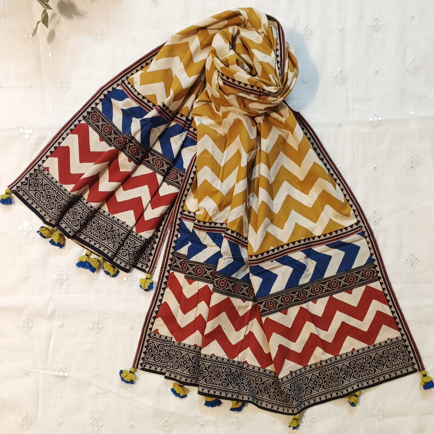 Buy Ochre Yellow Chevron Print Patchwork Dupatta | Godhuli