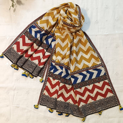 Buy Ochre Yellow Chevron Print Patchwork Dupatta | Godhuli