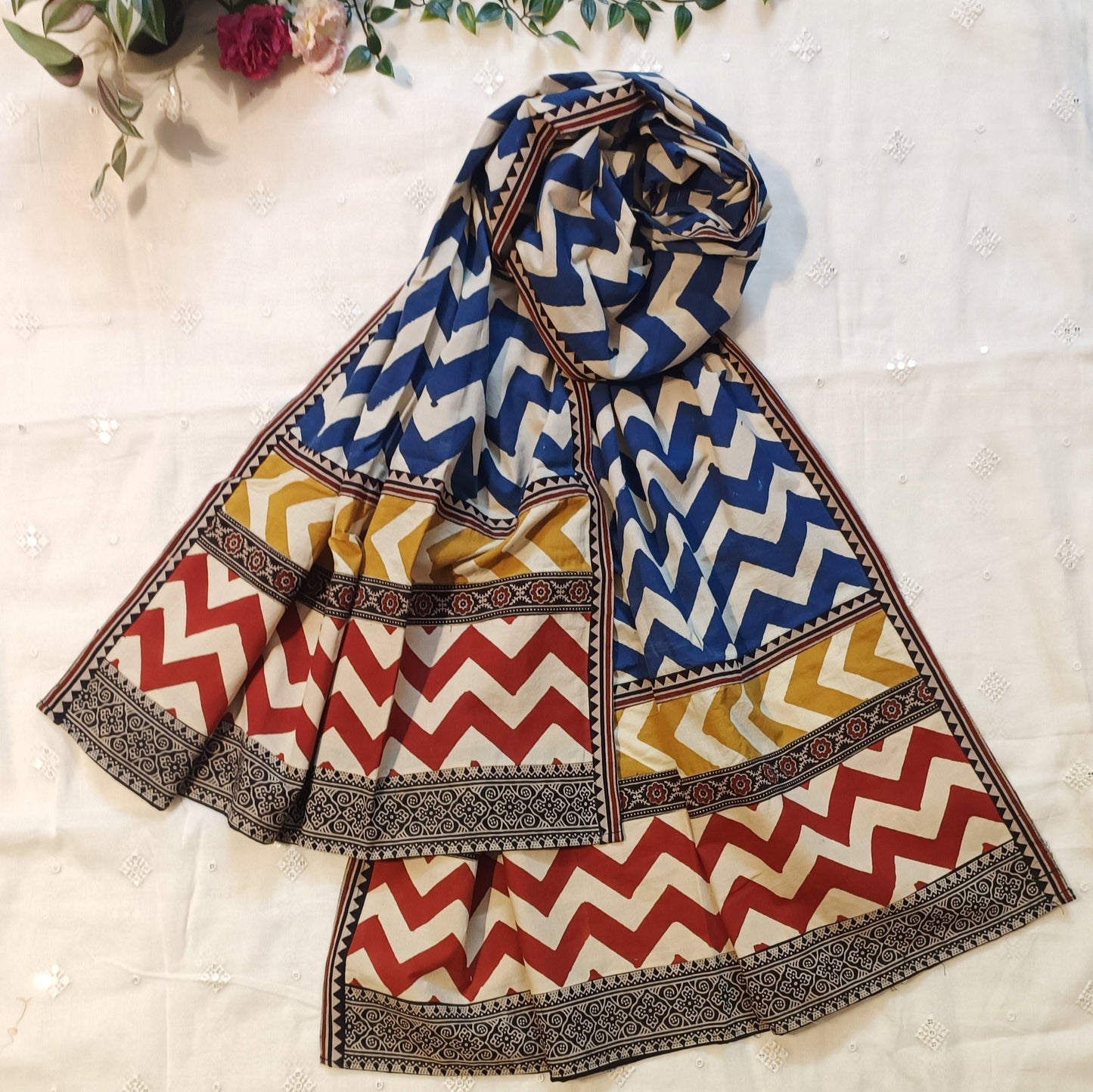 Buy Blue Chevron Print Patchwork Dupatta | Godhuli