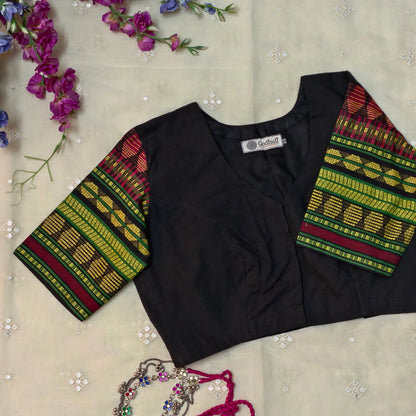 Buy Black Colour Blouse with Jacquard Sleeves| Godhuli