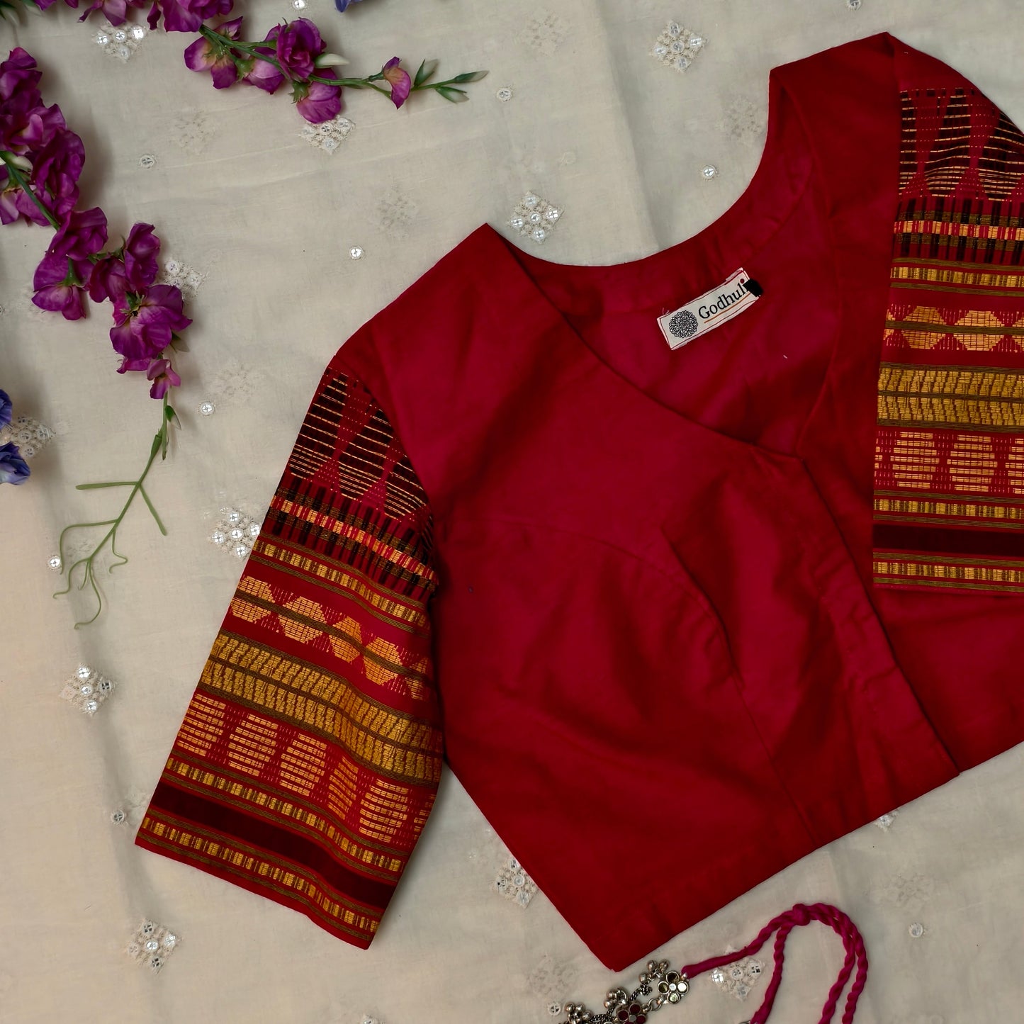 Buy Red Colour Blouse with Jacquard Sleeves| Godhuli