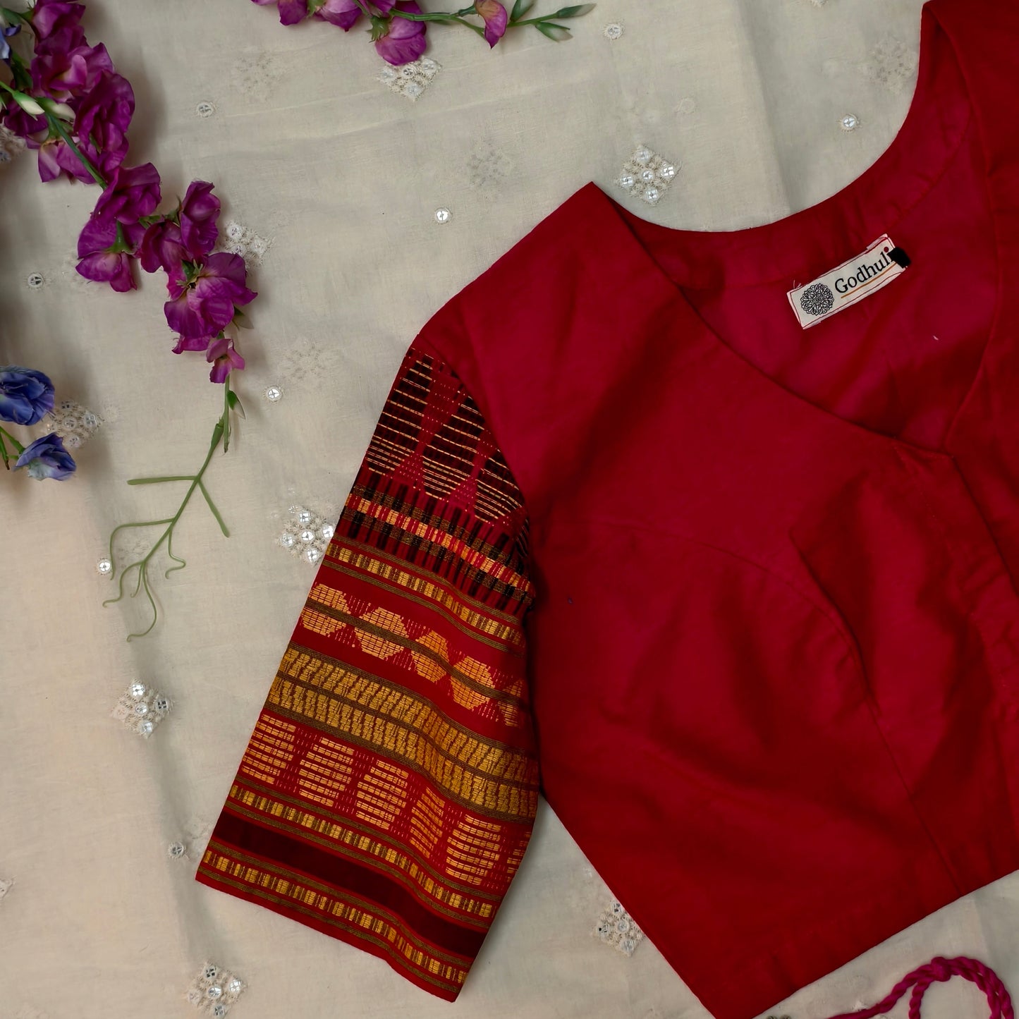 Buy Red Colour Blouse with Jacquard Sleeves| Godhuli
