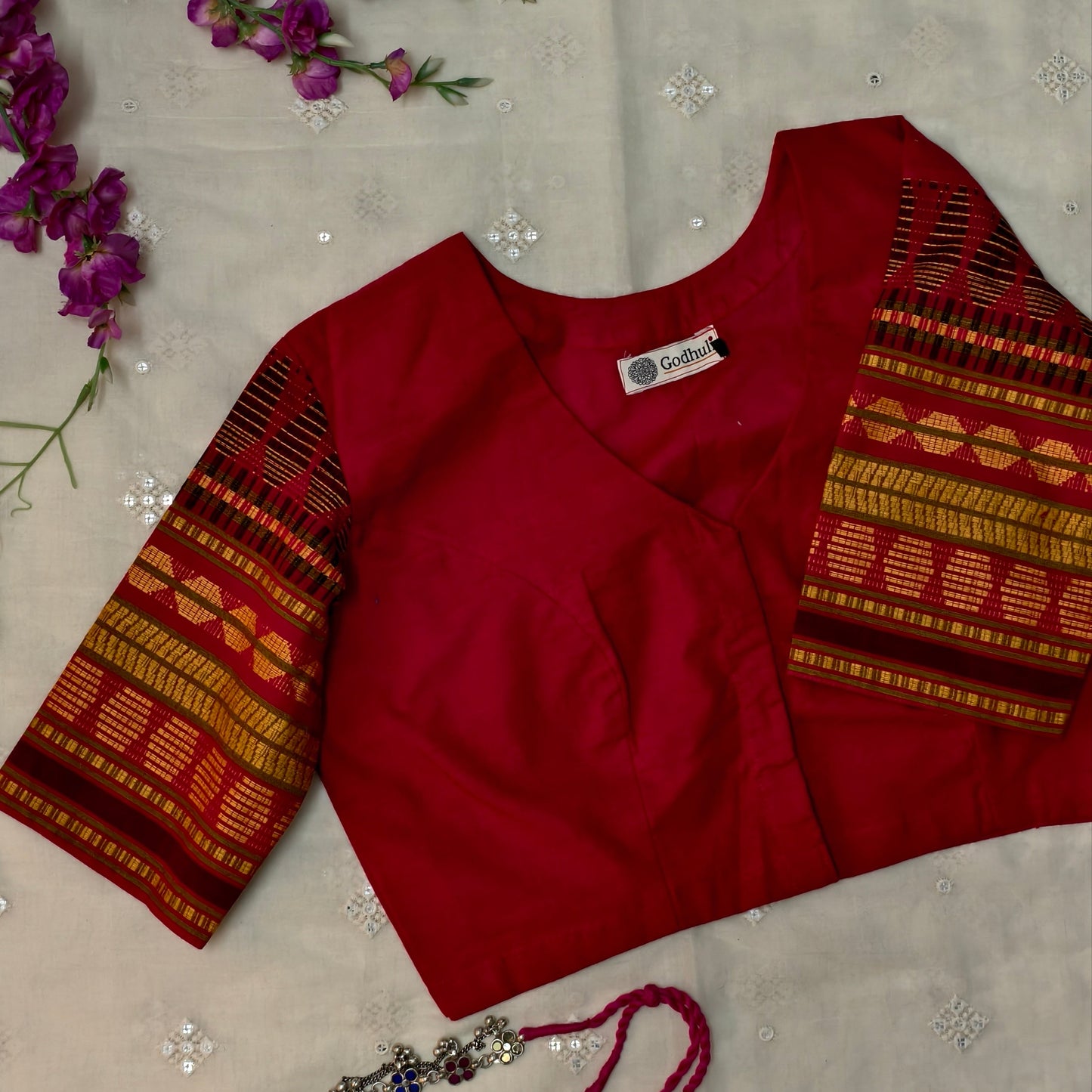 Buy Red Colour Blouse with Jacquard Sleeves| Godhuli