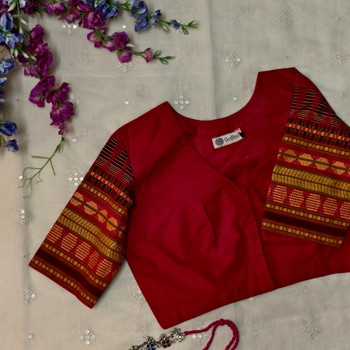 Buy Red Colour Blouse with Jacquard Sleeves| Godhuli