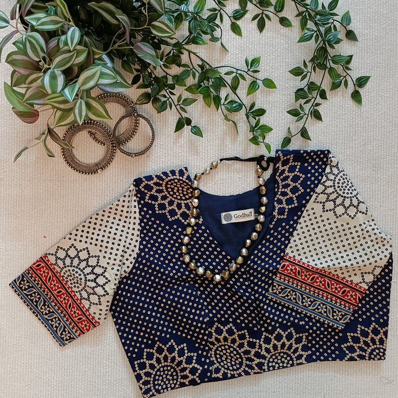 Indigo Beige Bandhani Print Gamathi Readymade Blouse | Godhuli
