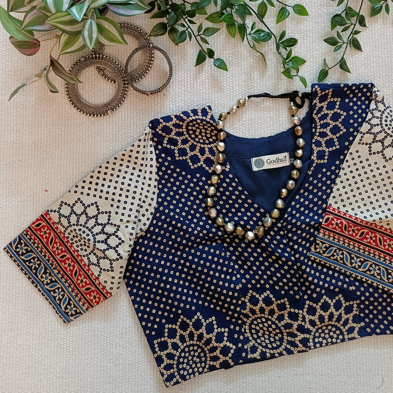 Indigo Beige Bandhani Print Gamathi Readymade Blouse | Godhuli