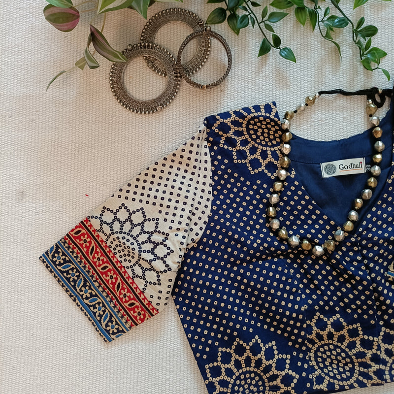 Indigo Beige Bandhani Print Gamathi Readymade Blouse | Godhuli