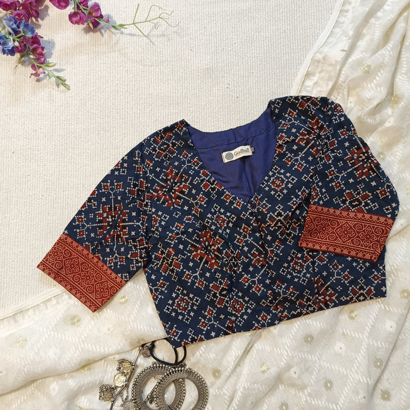 Indigo Blue Patola Print Ajrakh Readymade Blouse | Godhuli