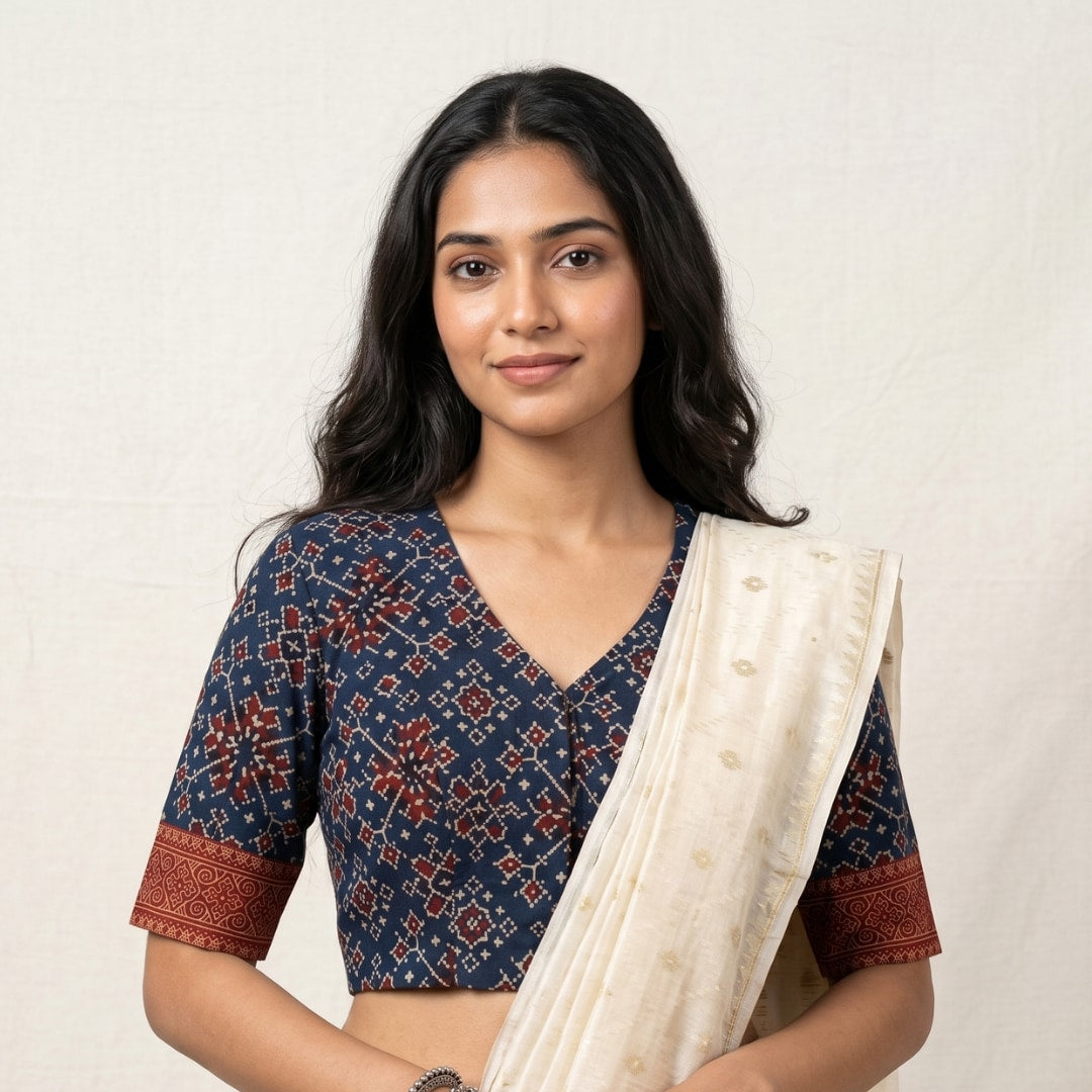 Indigo Blue Patola Print Ajrakh Readymade Blouse