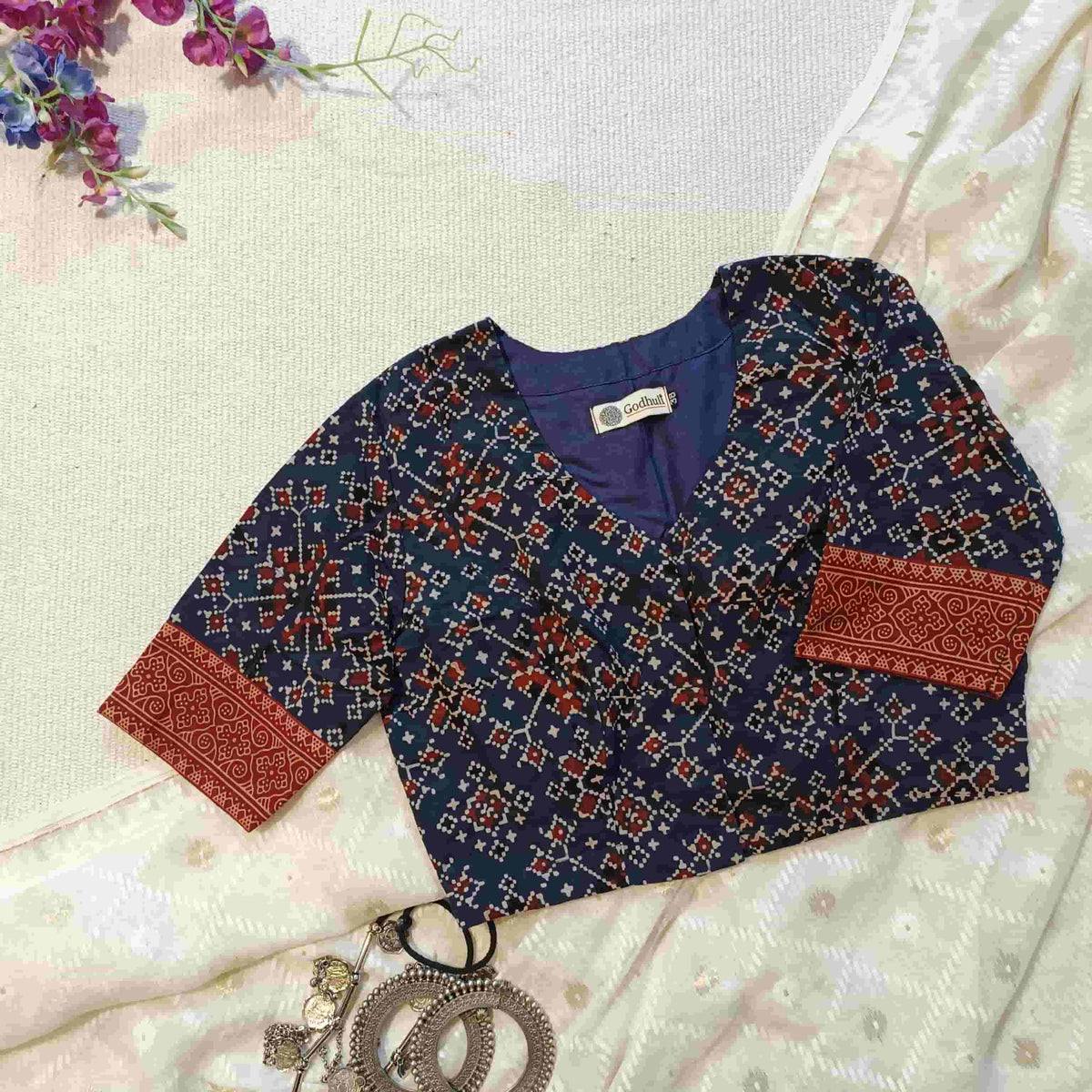 Indigo Blue Patola Print Ajrakh Readymade Blouse