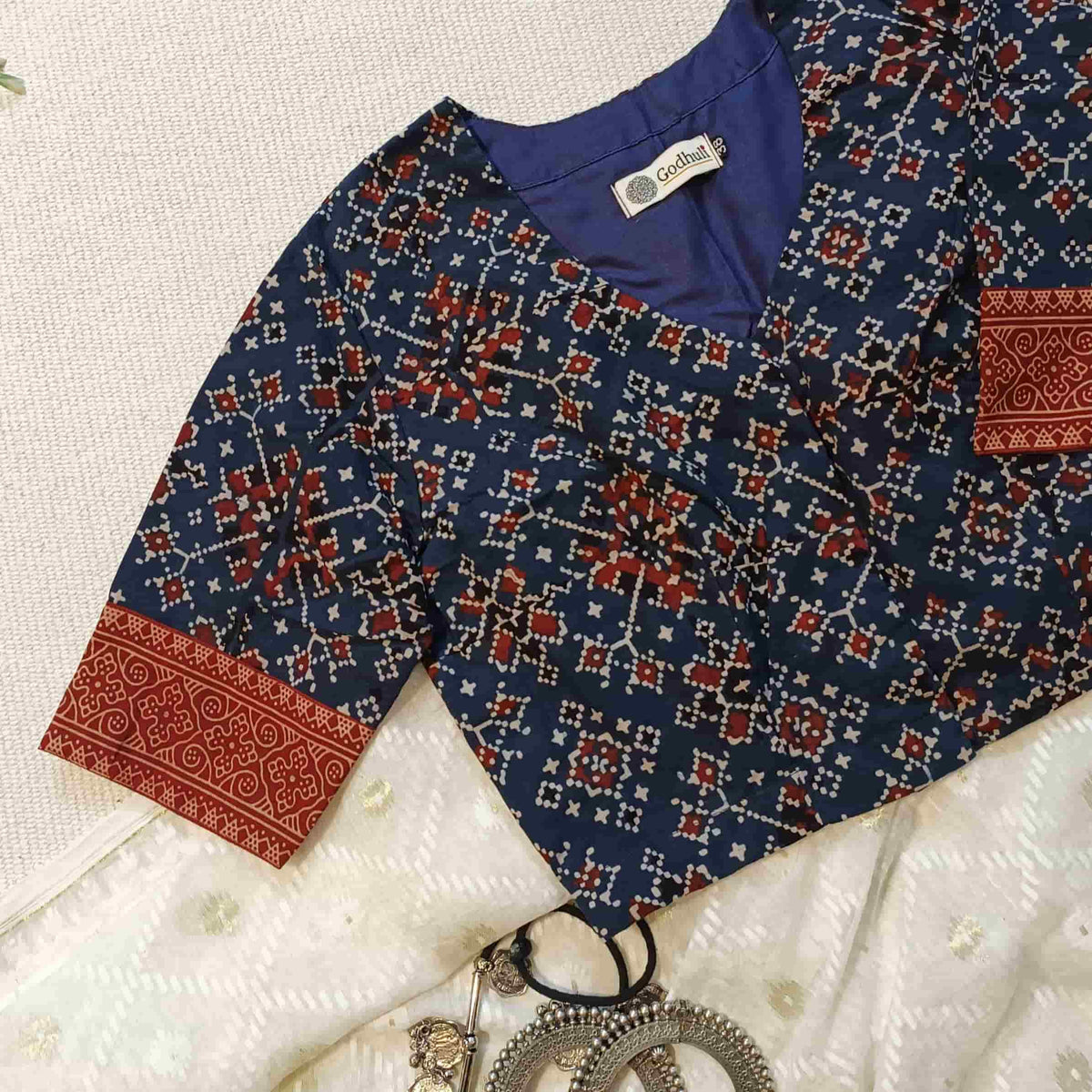 Indigo Blue Patola Print Ajrakh Readymade Blouse
