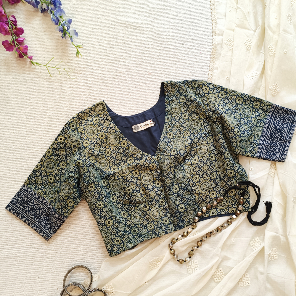 Indigo Cyan Colour Ajrakh Readymade Blouse | Godhuli