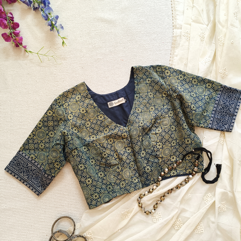 Indigo Cyan Colour Ajrakh Readymade Blouse | Godhuli