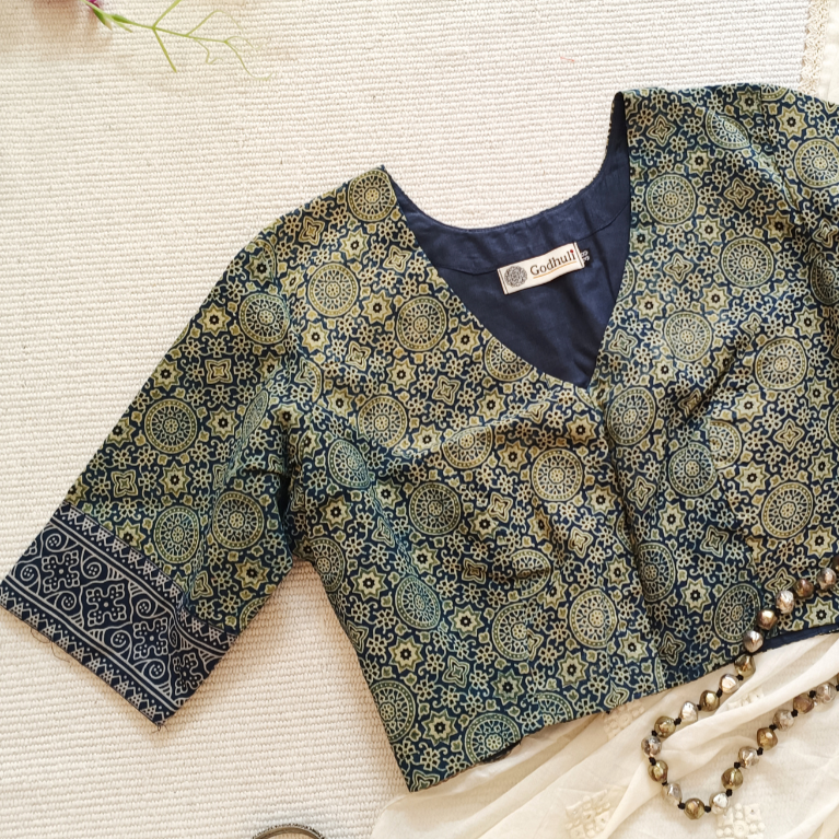 Indigo Cyan Colour Ajrakh Readymade Blouse | Godhuli
