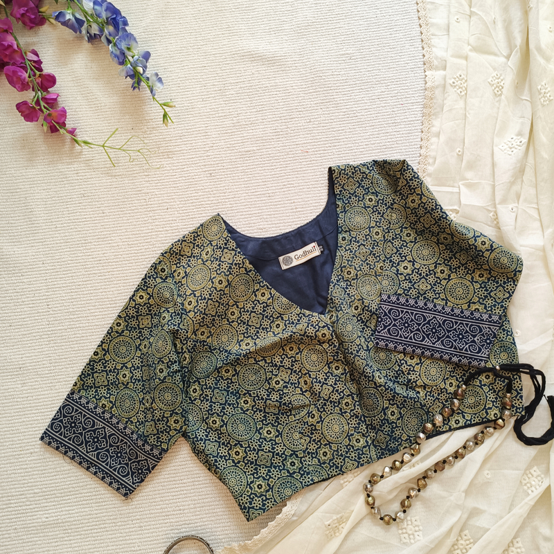 Indigo Cyan Colour Ajrakh Readymade Blouse | Godhuli