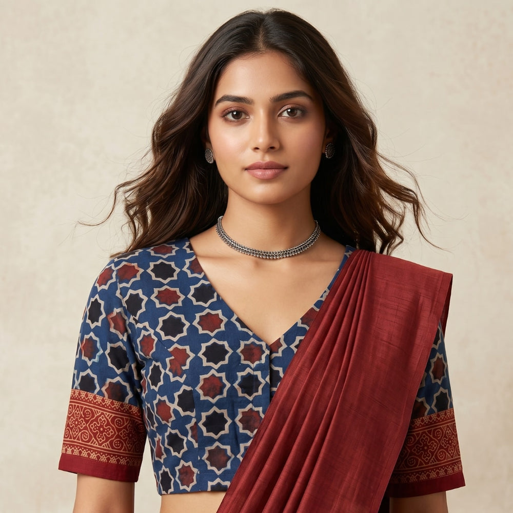 Indigo Maroon Mughal Print Ajrakh Readymade Blouse | Godhuli