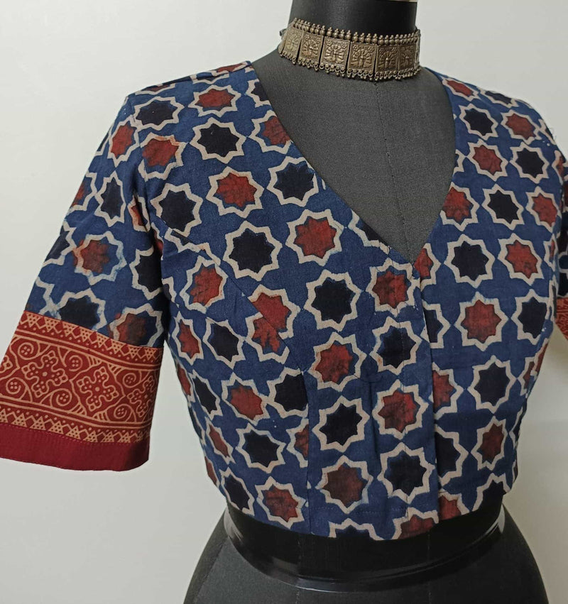 Indigo Maroon Mughal Print Ajrakh Readymade Blouse | Godhuli