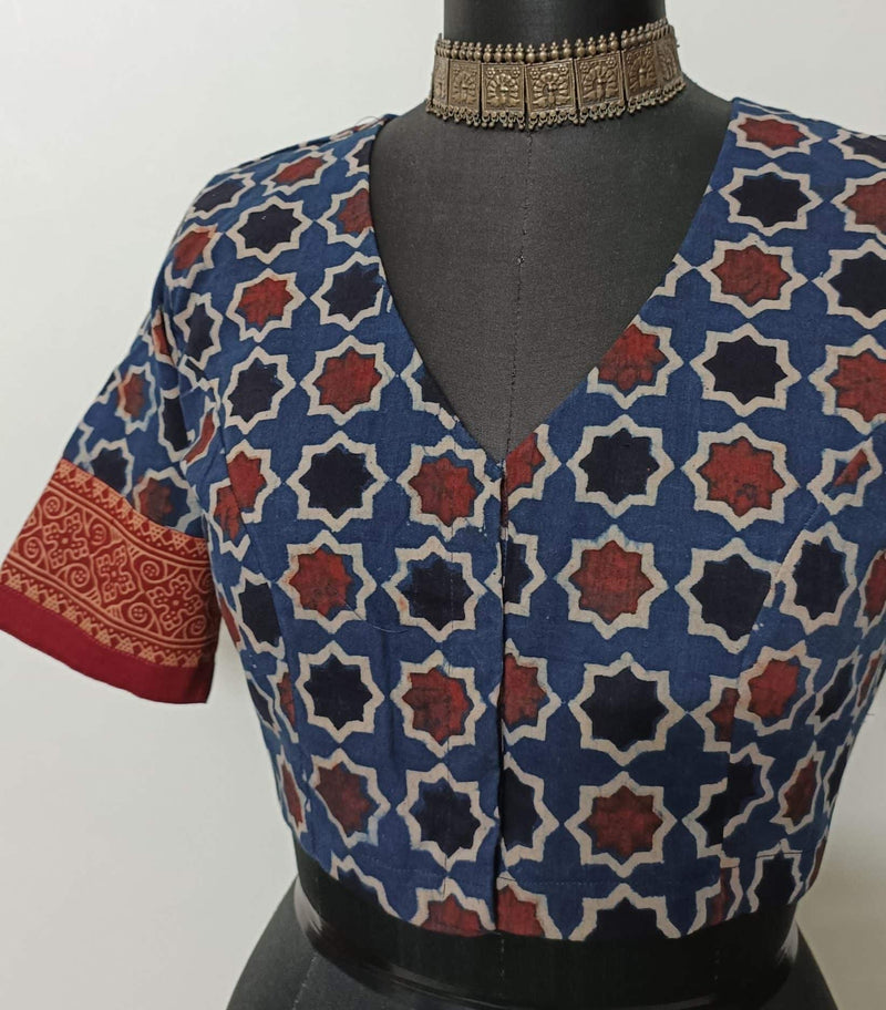 Indigo Maroon Mughal Print Ajrakh Readymade Blouse | Godhuli