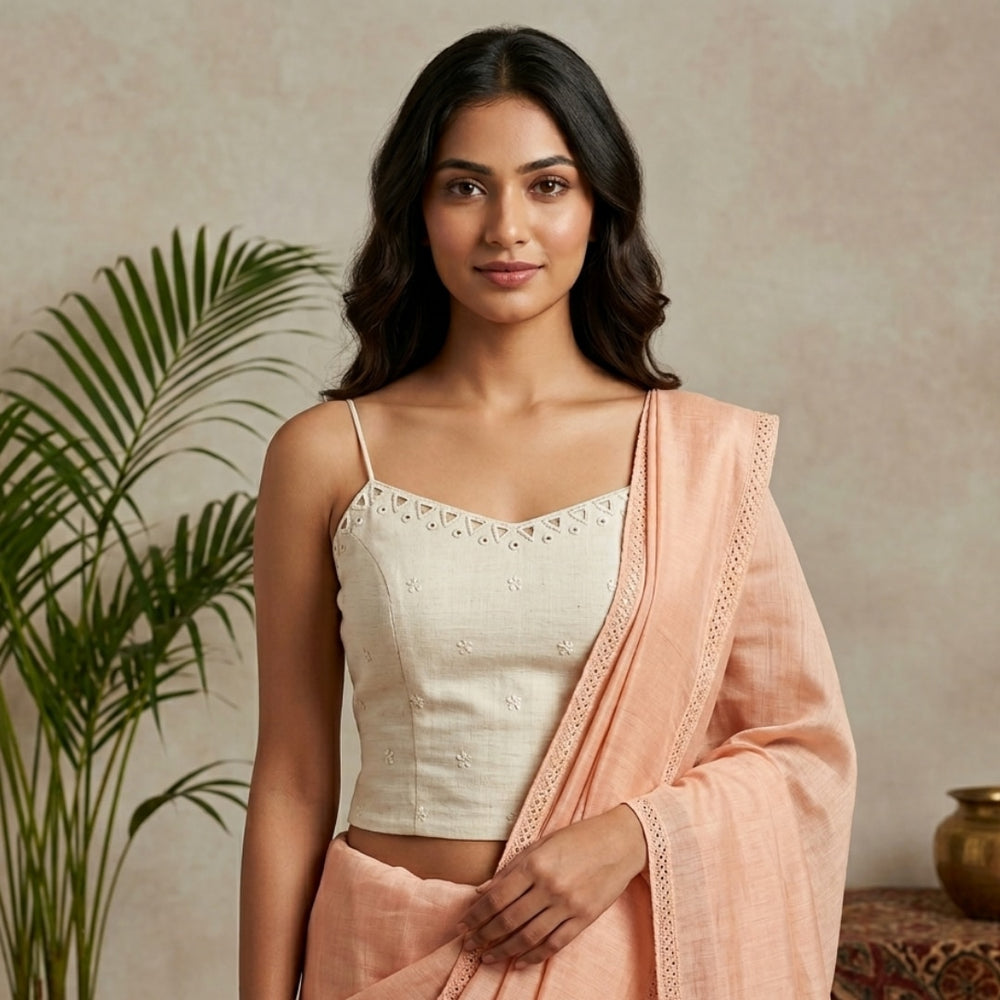 Ivory Backless Spaghetti Mirrorwork Readymade Blouse | Godhuli