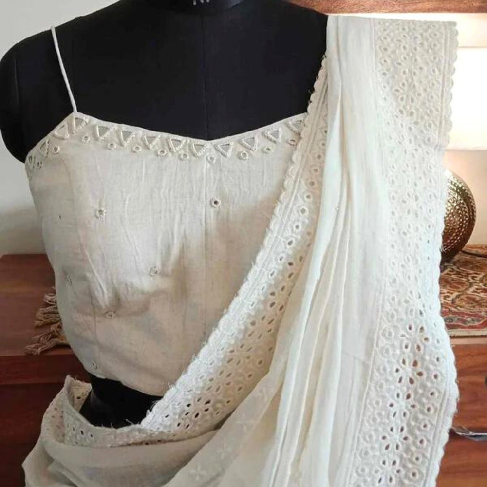 Ivory Backless Spaghetti Mirrorwork Readymade Blouse | Godhuli