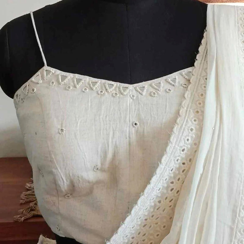 Ivory Backless Spaghetti Mirrorwork Readymade Blouse | Godhuli