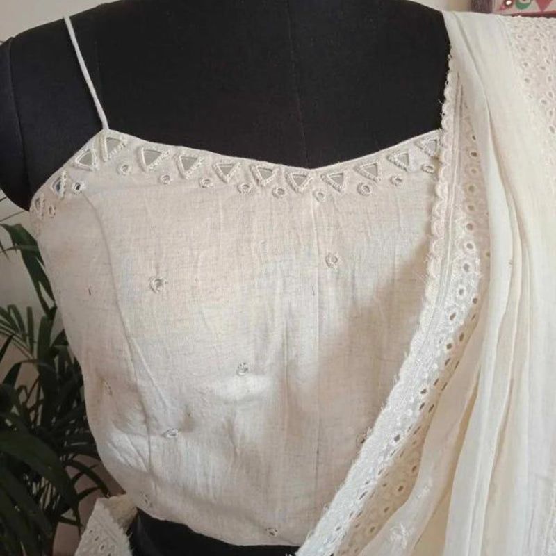 Ivory Backless Spaghetti Mirrorwork Readymade Blouse | Godhuli