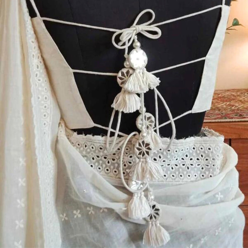Ivory Backless Spaghetti Mirrorwork Readymade Blouse | Godhuli