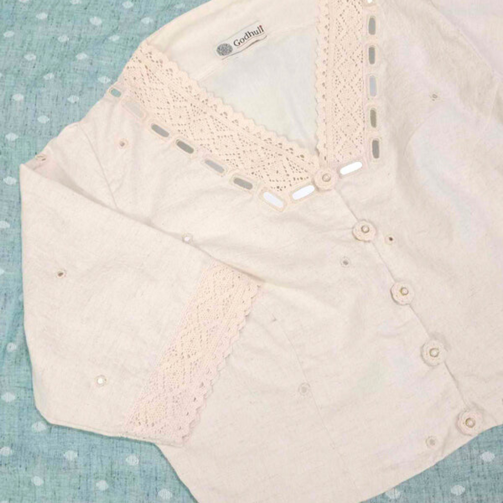 Ivory Crop Top Readymade Blouse with Mirror Work | Godhuli