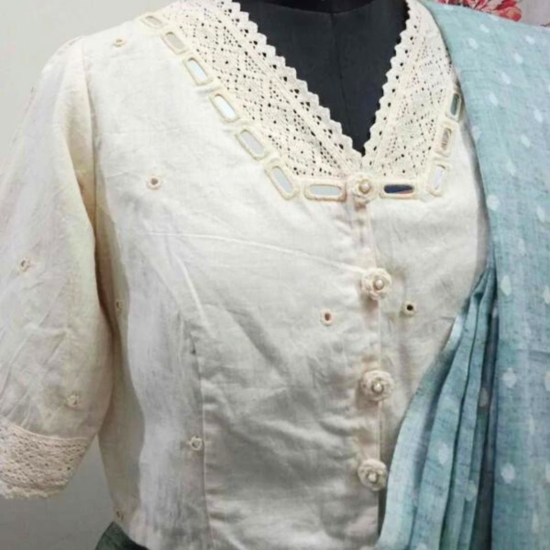 Ivory Crop Top Readymade Blouse with Mirror Work