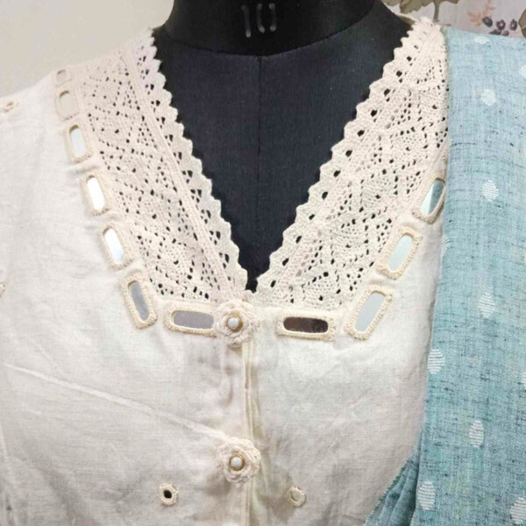 Ivory Crop Top Readymade Blouse with Mirror Work