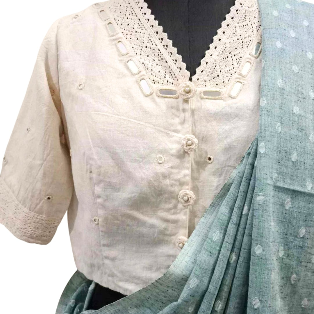 Ivory Crop Top Readymade Blouse with Mirror Work