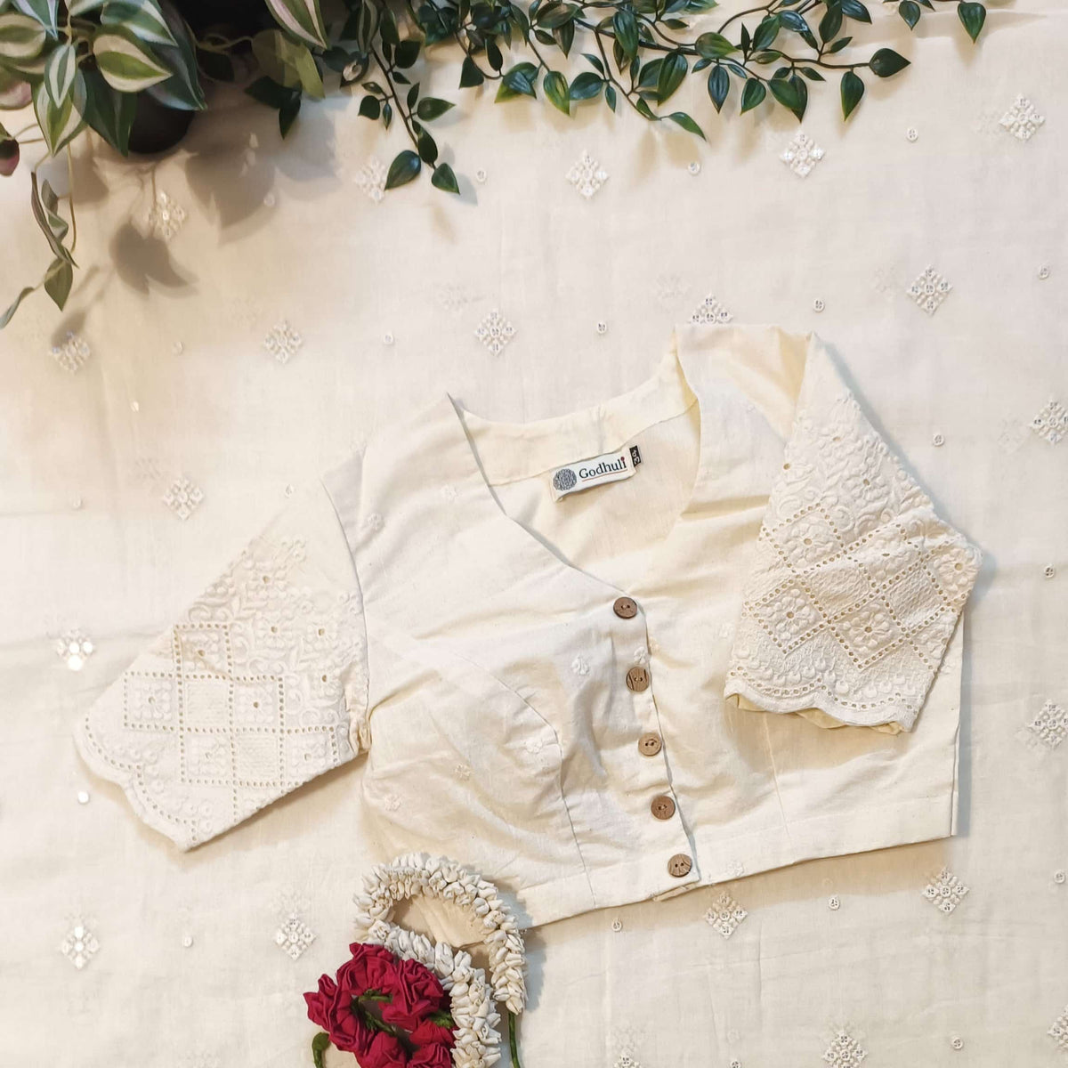 Ivory Embroidered Readymade Blouse with Cutwork Sleeves 