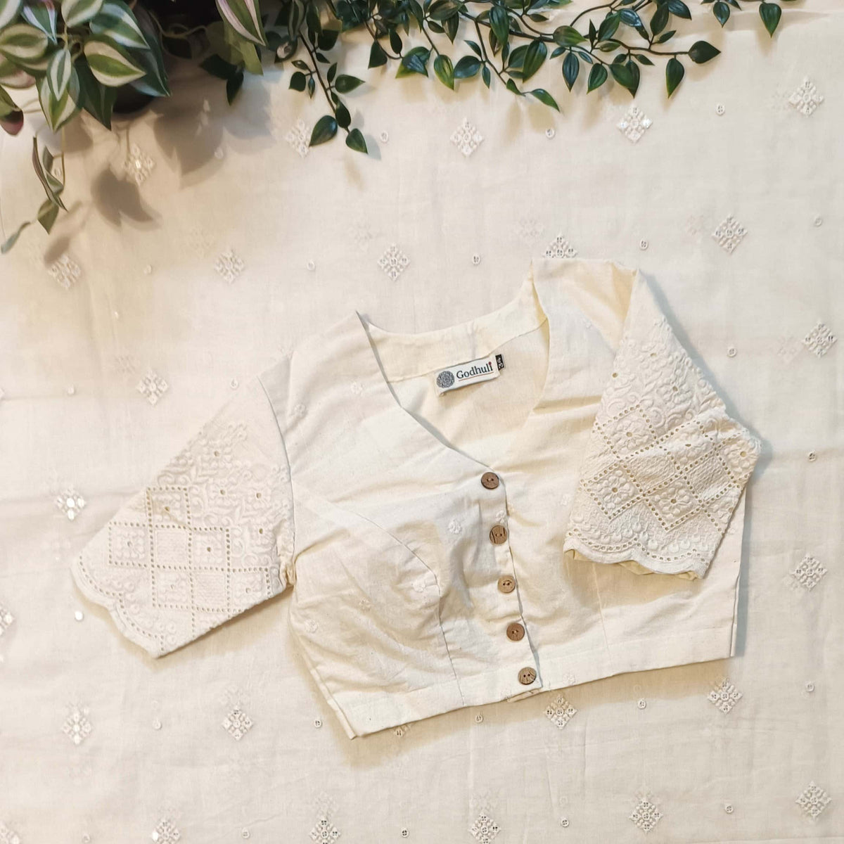 Ivory Embroidered Readymade Blouse with Cutwork Sleeves
