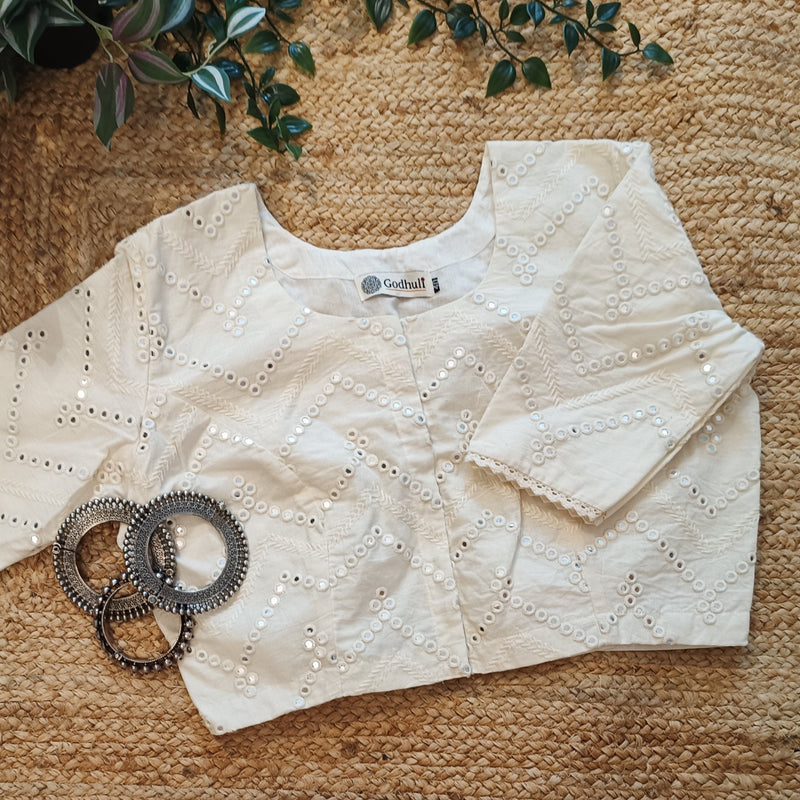 Ivory Mirrorwork Readymade Blouse | Godhuli