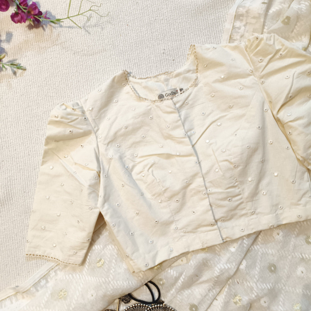 Ivory Mirrorwork Bengali Sleeves Readymade Blouse | Godhuli