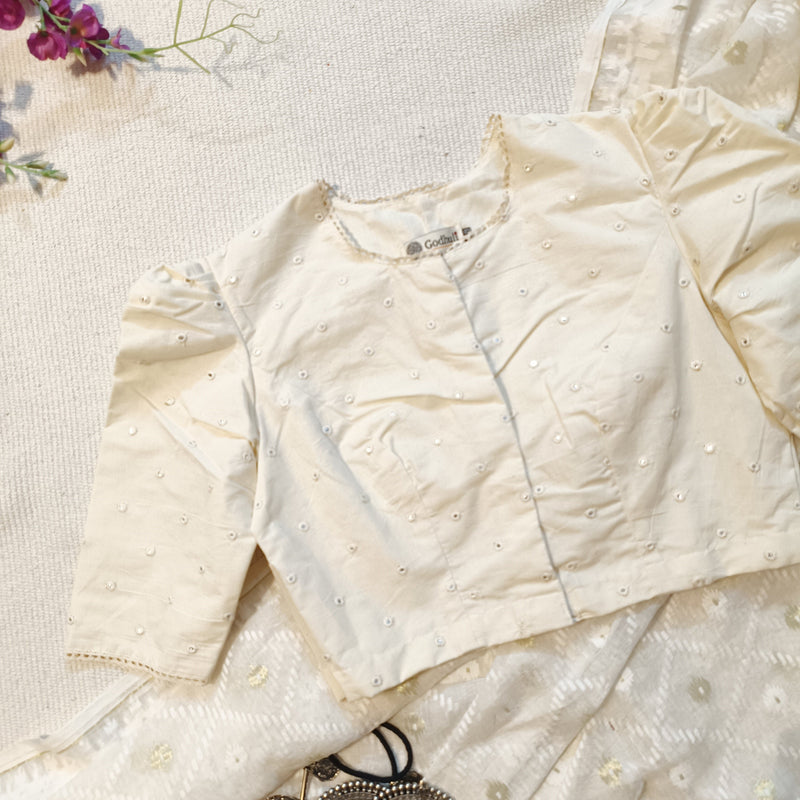 Ivory Mirrorwork Bengali Sleeves Readymade Blouse | Godhuli