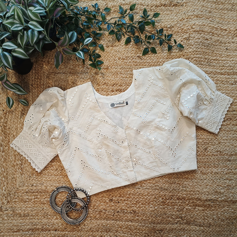 Ivory Mirrorwork Readymade Blouse with Puff Sleeves | Godhuli