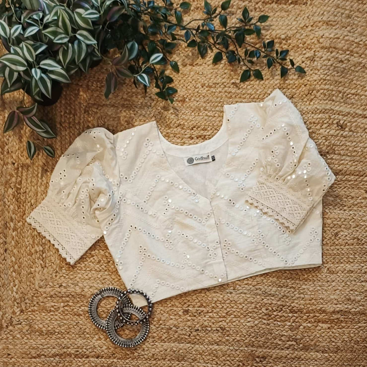 Ivory Mirrorwork Readymade Blouse with Puff Sleeves