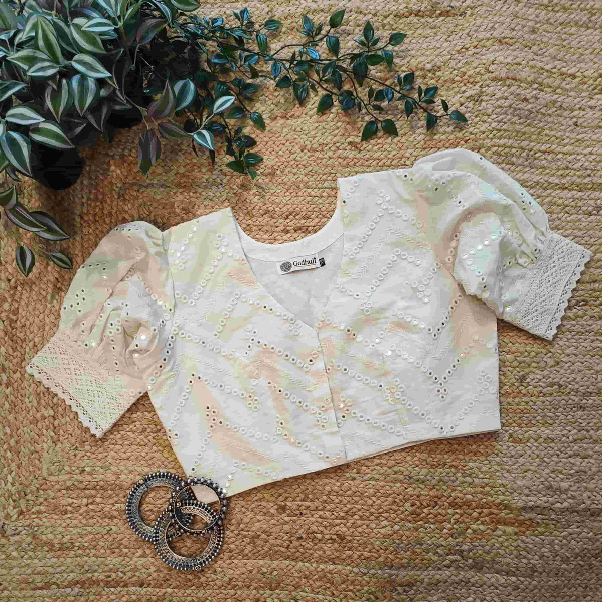 Ivory Mirrorwork Readymade Blouse with Puff Sleeves