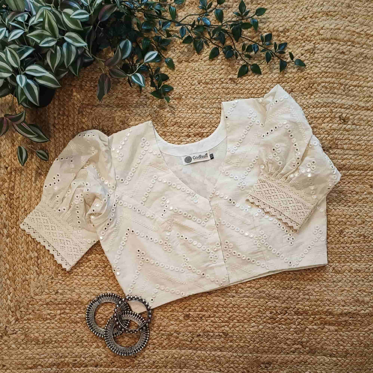 Ivory Mirrorwork Readymade Blouse with Puff Sleeves