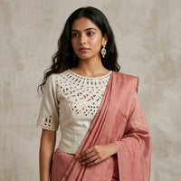 Ivory Readymade Blouse with Hand Embroidered Mirror Work | Godhuli