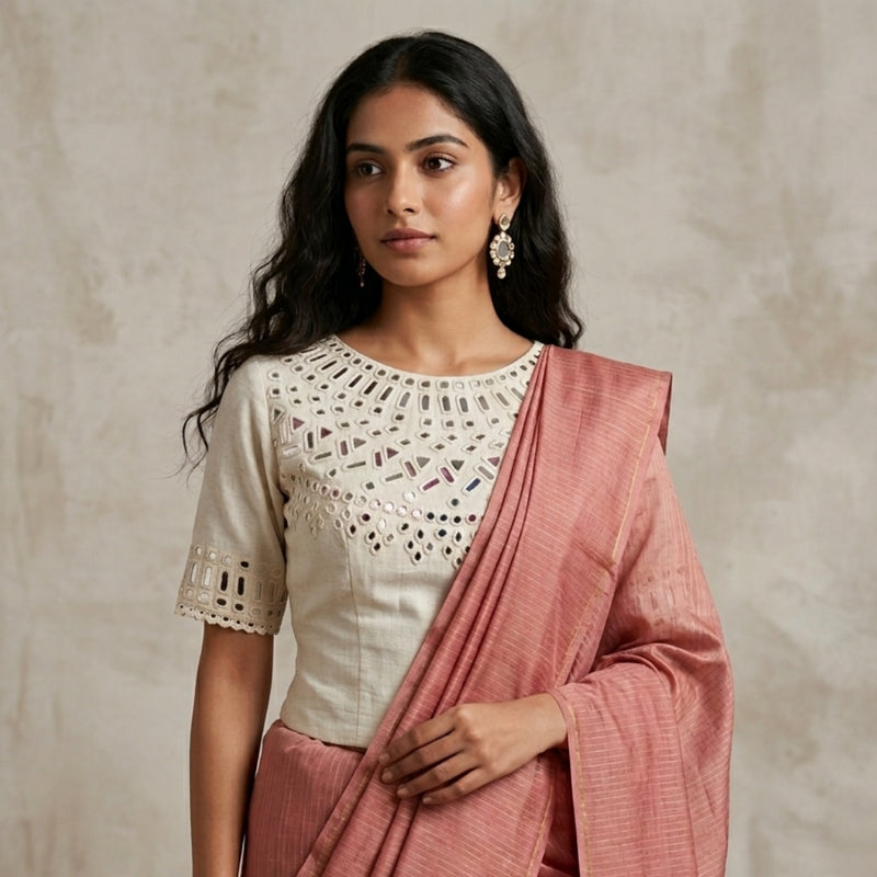Ivory Readymade Blouse with Hand Embroidered Mirror Work | Godhuli
