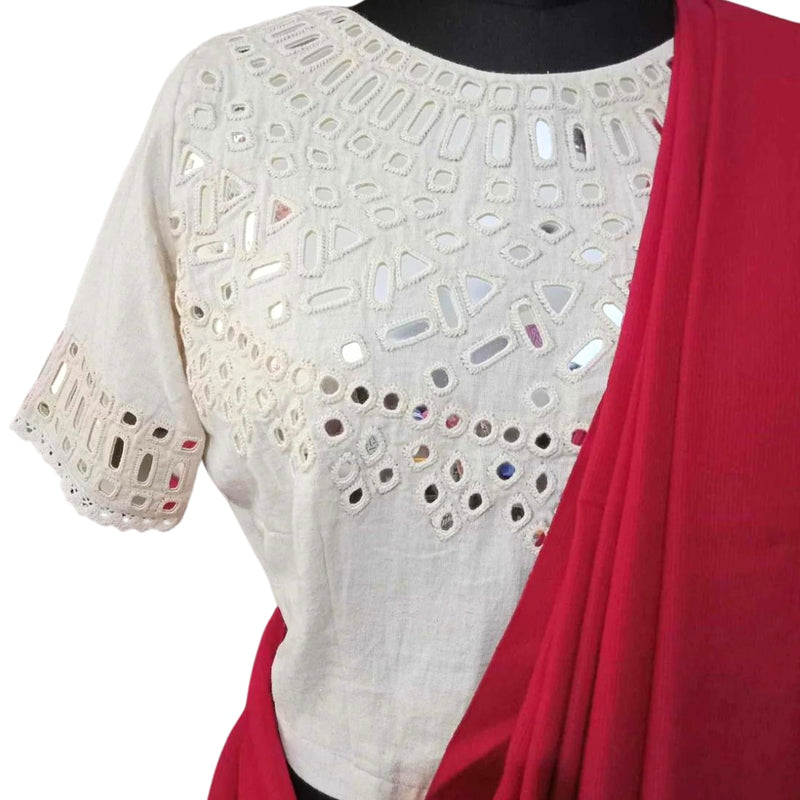 Ivory Readymade Blouse with Hand Embroidered Mirror Work | Godhuli