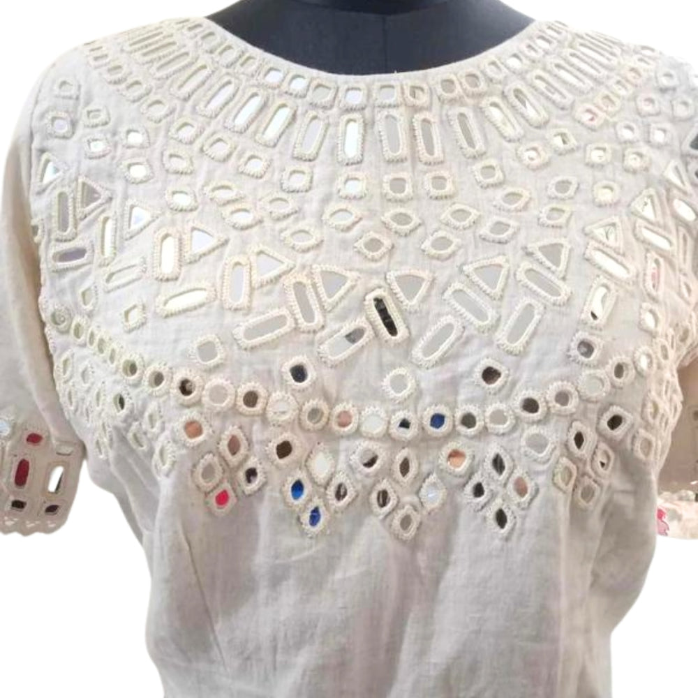 Ivory Readymade Blouse with Hand Embroidered Mirror Work | Godhuli