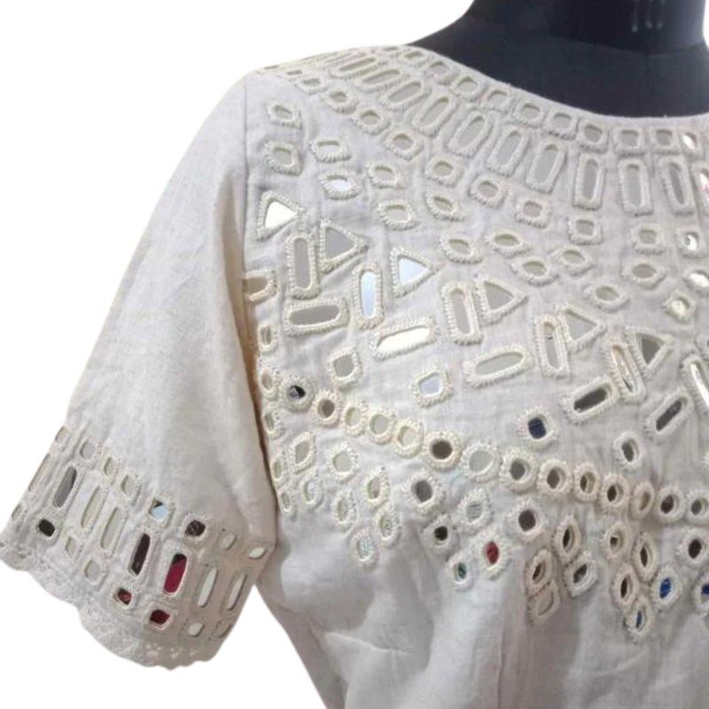 Ivory Readymade Blouse with Hand Embroidered Mirror Work | Godhuli