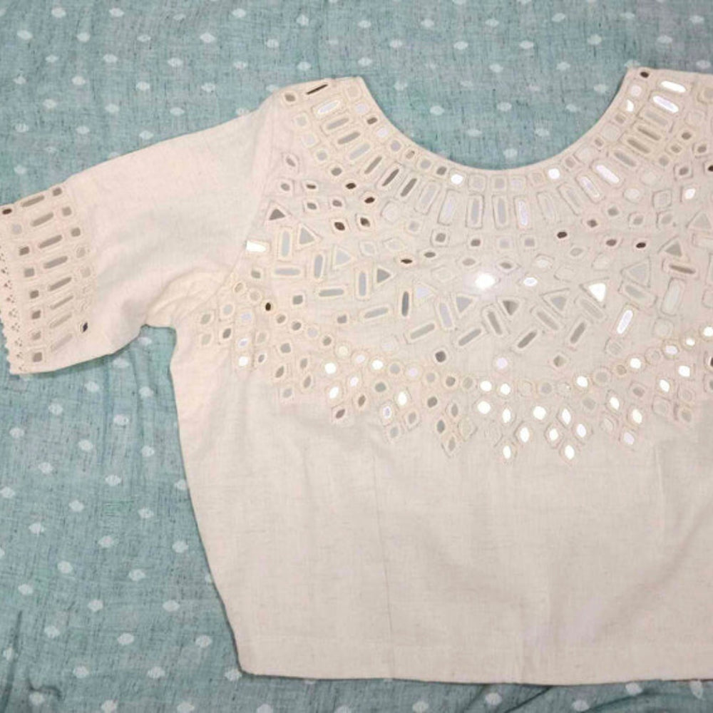 Ivory Readymade Blouse with Hand Embroidered Mirror Work | Godhuli